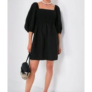 Tuckernuck Annie Smocked Linen Puff Sleeve Mini Dress in Black Large / 12